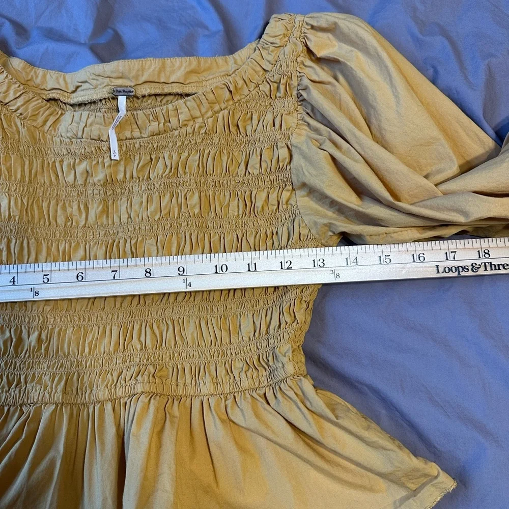 Free People Yellow Smocked Poplin Off The Shoulder Top SP Puff Sleeve Boho